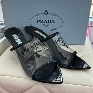 PRADA clear pvc logo kitten heel sandals slides size 38.5
